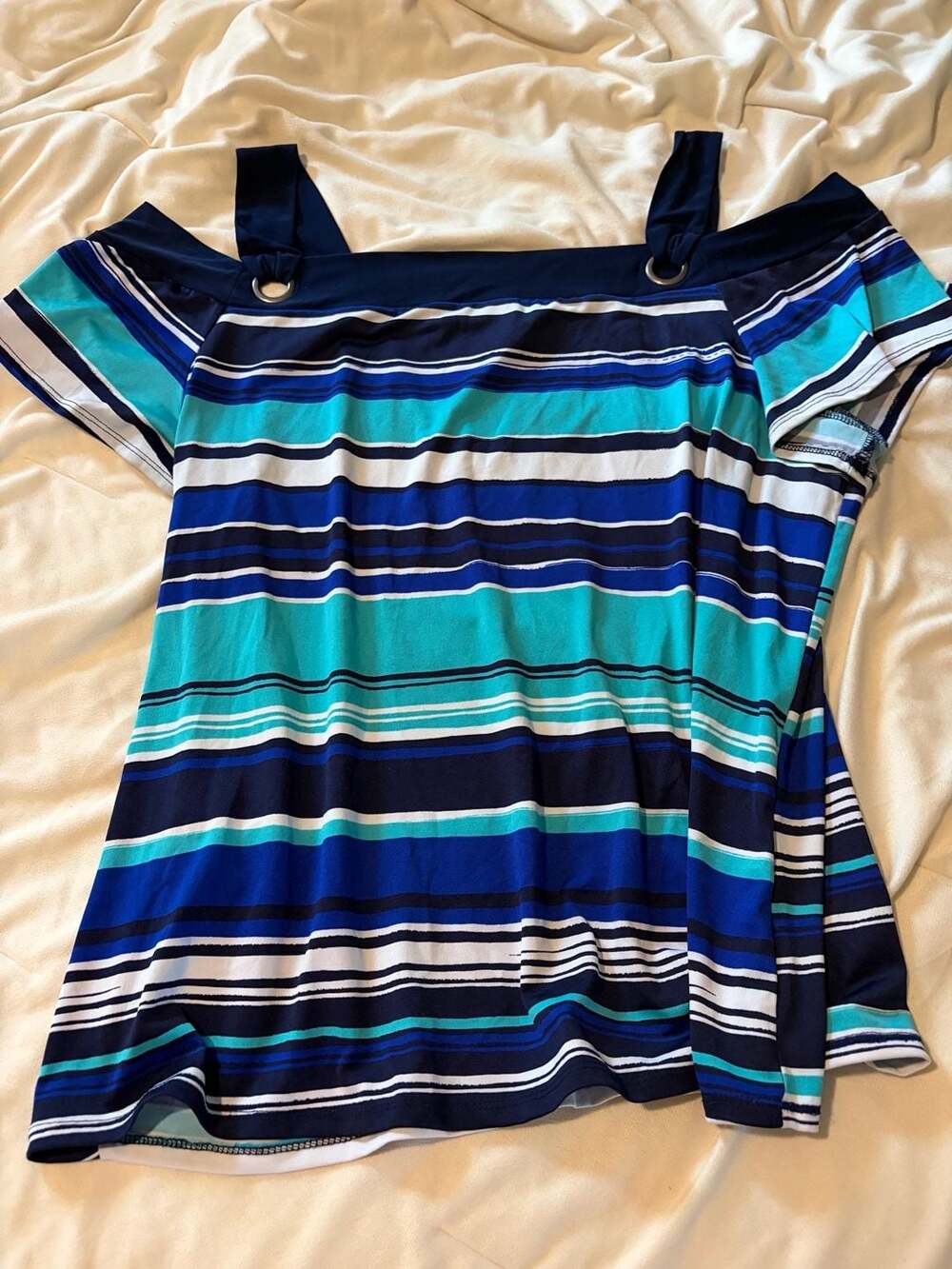 PerSeption Women Blue and Turquoise Striped Cold Shoulder Short Sleeve Top 1X